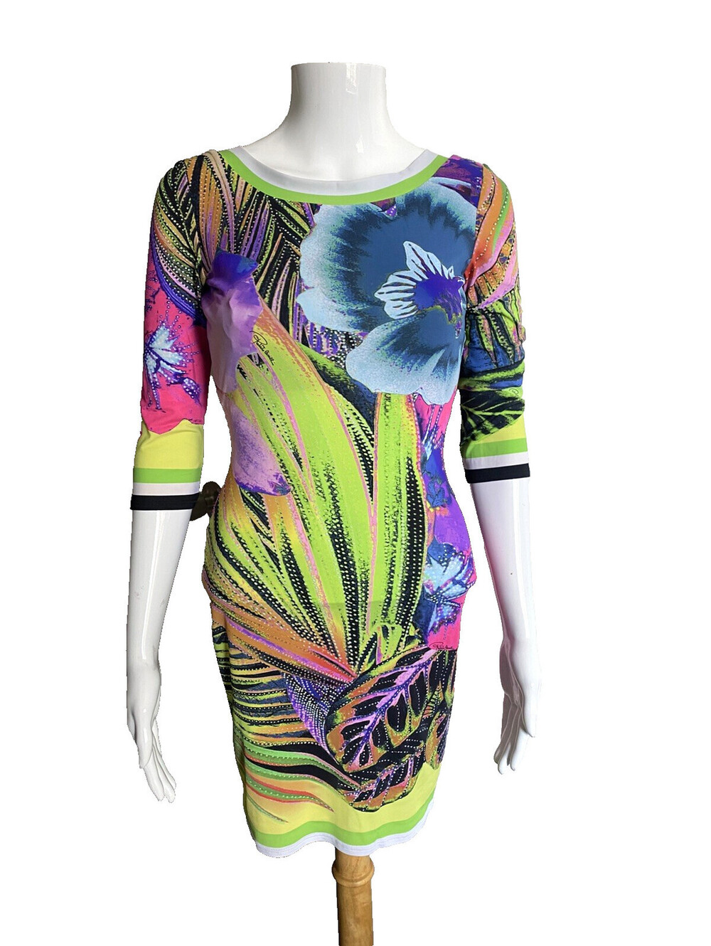 Roberto Cavalli IT-40 Floral Stretch Jersey Dress Plunging Back Mini Comfy